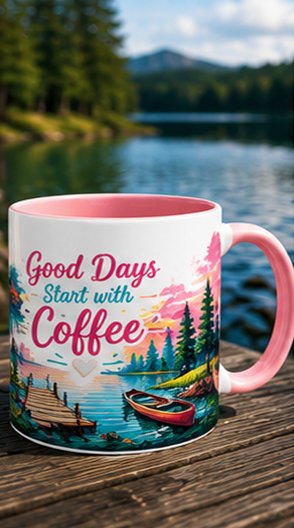 Coffee by the Lake custom colourful mug — pink